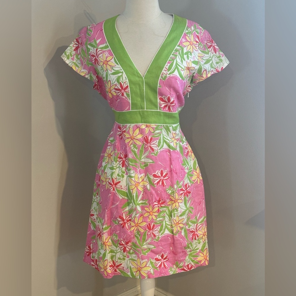Lilly Pulitzer “garden Vista” linen Pink elephant print tie waist sun dress M